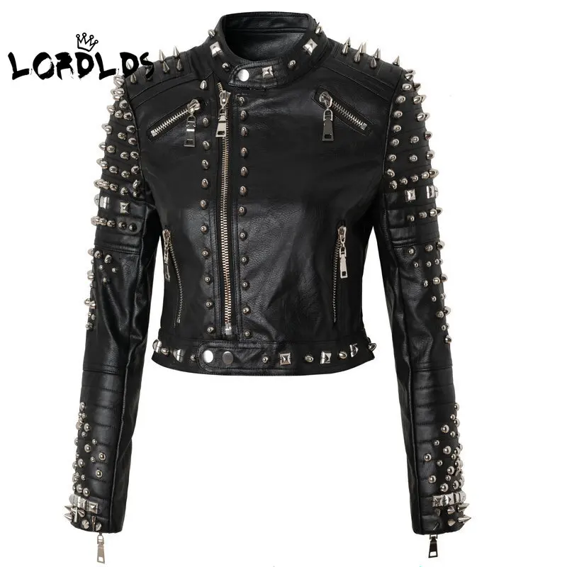 

LORDLDS Black Leather Jacket Women Print Crop Short Outwear Moto Biker Jackets and Coats PUNK Streetwear Ladies Clothes