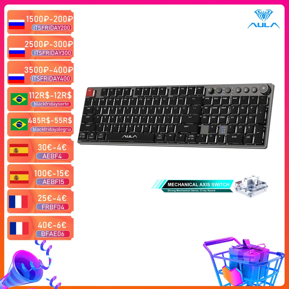 AULA F2090 Ультратонкая беспроводная механическая клавиатура с 104 клавишами