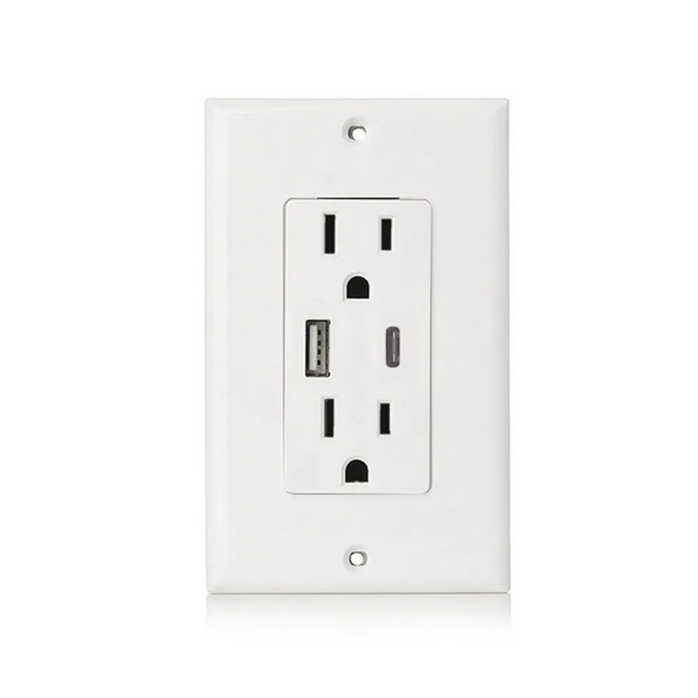 

4.8A Fast Charge USB Type-C Fast Charger with Electrical Wall Outlet 15A TR Receptacle Screwless Wall Plate For Mobile phone