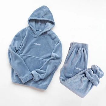 

2020 New Winter Women's Pajamas Sets Coral Velvet Soft Fashion Female Solid Two Pieces Sleeve + Pants Night Sleepwear