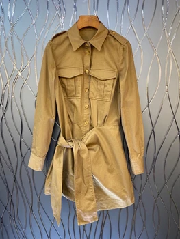 

2020 Autumn and Winter new women's lapel Symmetrical pocket decorative tie knot long sleeve dress 930