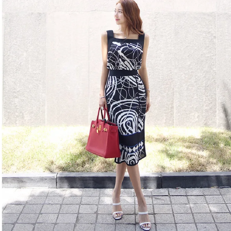 

CBAFU summer elegant sexy 2 piece set new print spaghetti strap crop top high waist OL skirt suit women's set office work P279