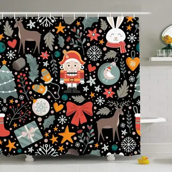 

Shower Curtain Set with Hooks 66x72 Rabbit Christmas Nutcracker Pattern Cute Decoration Characters Paper Celebration On Holly