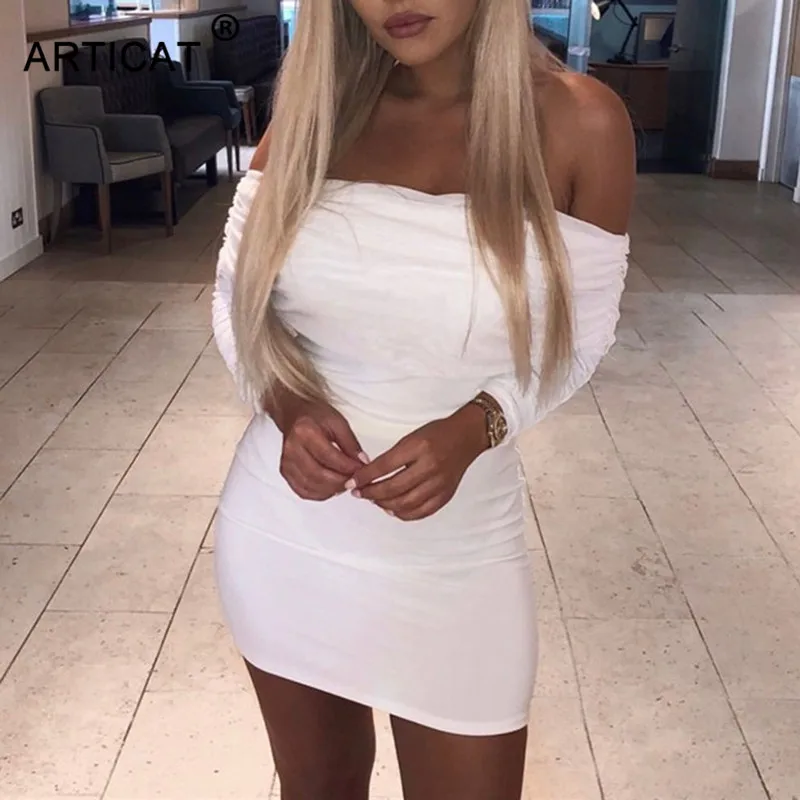 

Articat Sexy Slash Neck Mesh Patchwork Women Bodycon Dress Pleated Long Sleeve Backless Mini Dress Off Shoulder Club Party Dress