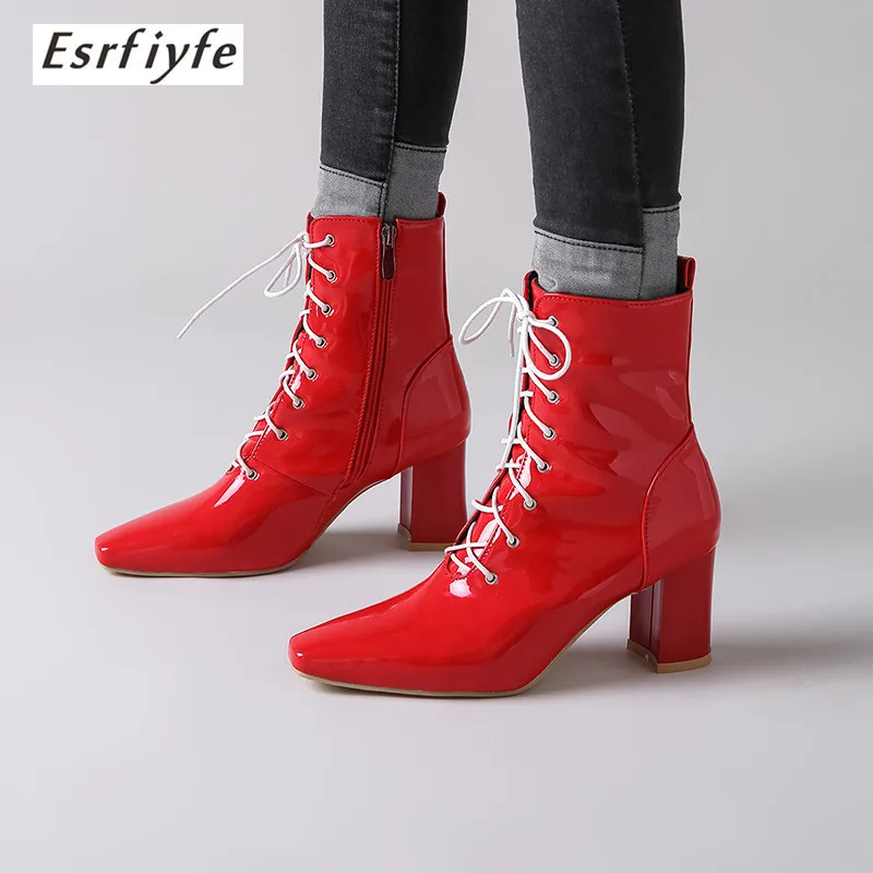 

ESRFIYFE 2020 New Autumn Winter High Heels Shoes Woman Patent Leather Ankle Boots Sexy Pointed Toe Cross-tied Party Dress Boots