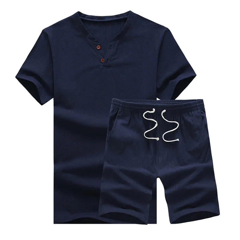 Shirt Shorts Men Autumn New Arrival Men Shirt Cotton and Linen Shirts Short Sleeve Men's Casual Fashion Shirts Plus Size Y - Цвет: Тёмно-синий