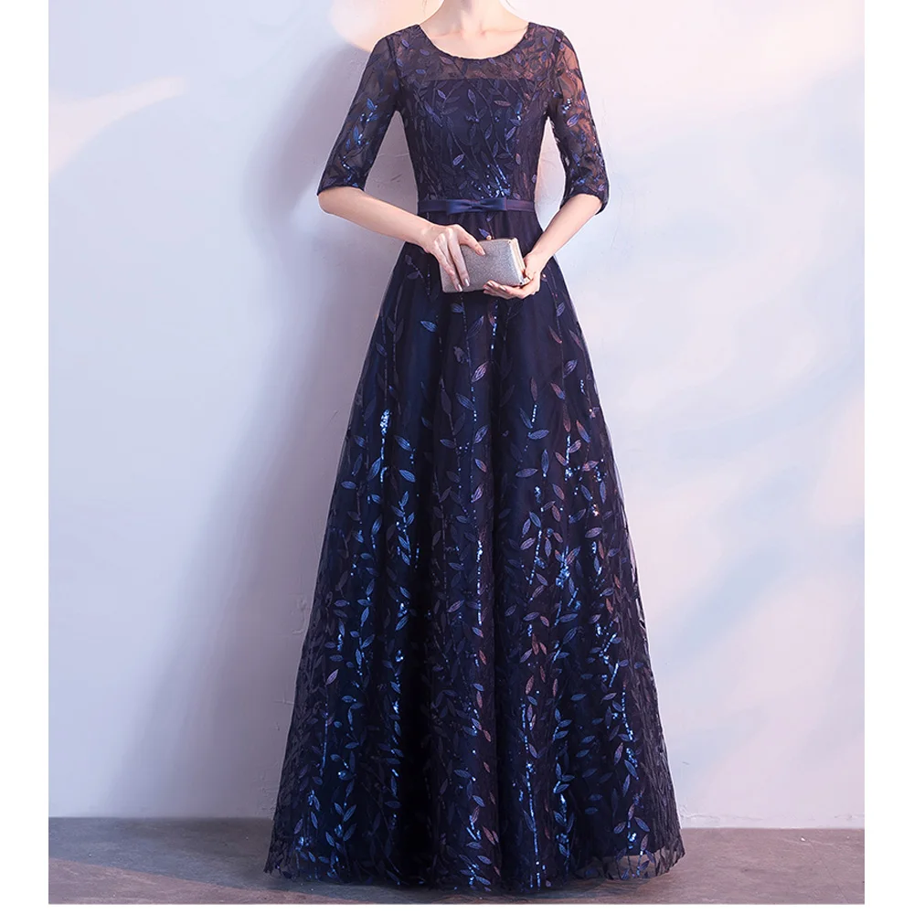 

Sparkling Sequins Navy Blue Mother of the Bride Dresses Scoop Half Sleeves Zipper Back Floor Length Long Party Dress
