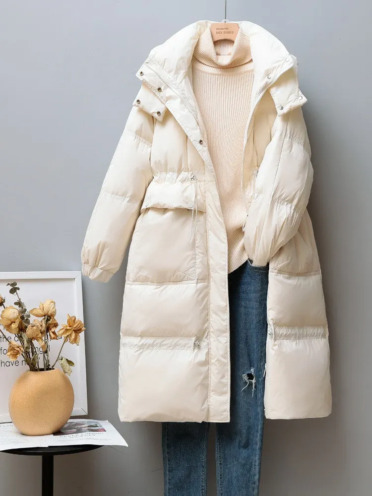 long bubble coat Down Jacket Women Drawstring Waist Mid-length Parka Thick 2022 Korean Fashion Loose Soft White Duck Down Hooded Jacket JD1961 waterproof puffer coat