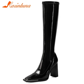 

KARINLUNA Big Size 34-43 New Female Knee High Heel Boots Square Toe Square High Heels Zip Boots Women 2020 Elegant Shoes Woman