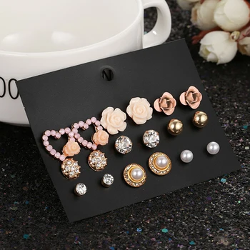 

QrhYK Fashion Women Flower Pearl Alloy Ear Earring Cute Crystal Wedding Jewelry Gifts For Girl 9pair