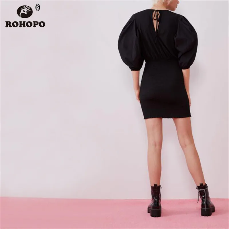 ROHOPO/пышная туника с рукавом средней длины, Осеннее однотонное платье, эластичность, низ, Свободный Топ, женское платье#9340
