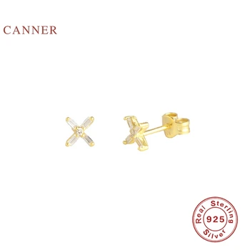 

CANNER 925 Sterling Silver Earrings For Women X Square Diamond Stud Earrings Zircon Korean Pendientes Silver Gold Jewelry