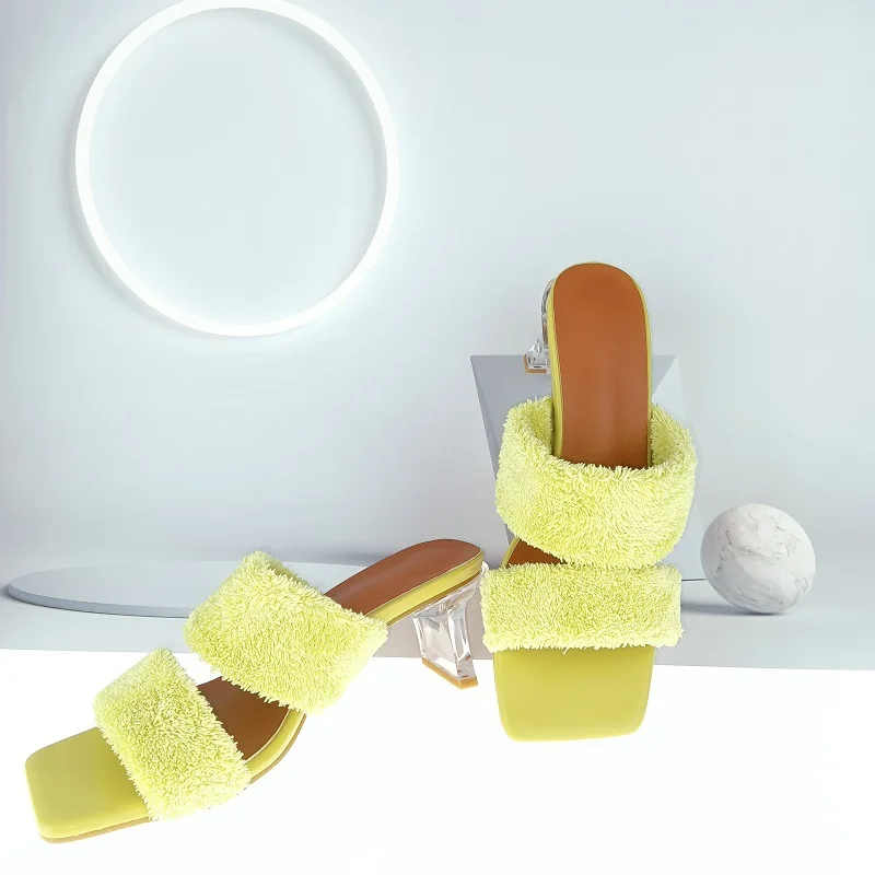 

New 2022 Autumn Winter Women's Cotton Velvet Slippers High Quality Ladies Square Open Toe High Heel Fashion Yellow Sandals