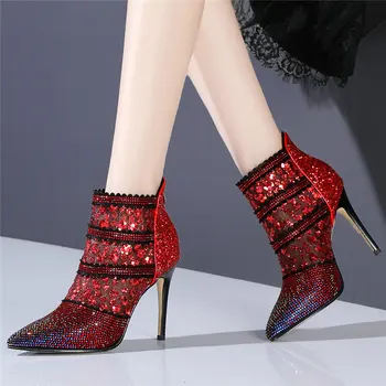 

Rhinestones Wedding Party Pumps Shoes Women Shiny Glitter Pointed Toe High Heel Ankle Boots Female High Top Summer Casual Shoes