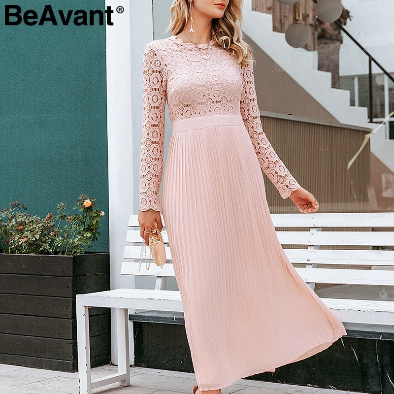 BeAvant Elegant white lace dress women O neck pleated embroidery plus size long dresses Autumn winter ladies party vestidos
