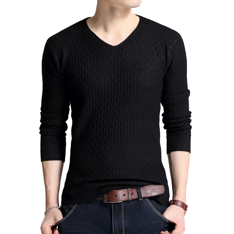 BROWON, простой осенний свитер с длинным рукавом для молодых мужчин, v-образный вырез, чистый свитер с длинным рукавом, тонкая трикотажная Нижняя блузка - Цвет: Black Sweater
