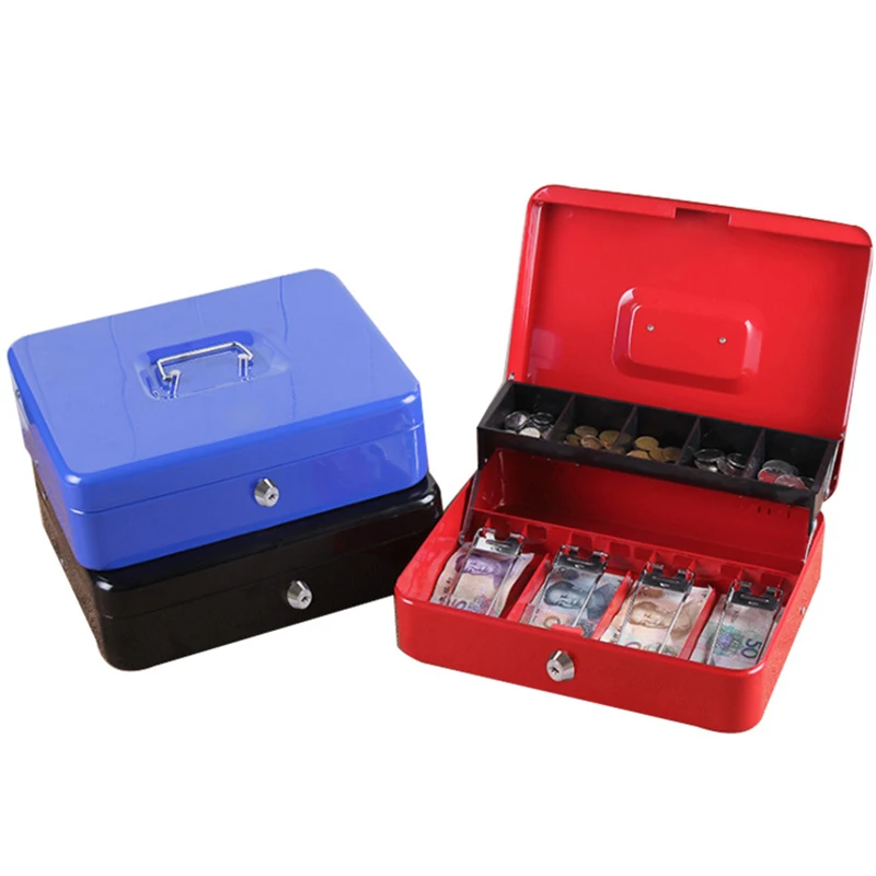 Decaller Large Storge Money Box with Key Lock QH305L Blue 11 4/5 x 9 1/2 x 3 3/5 Locking Cash Box with Money Tray 