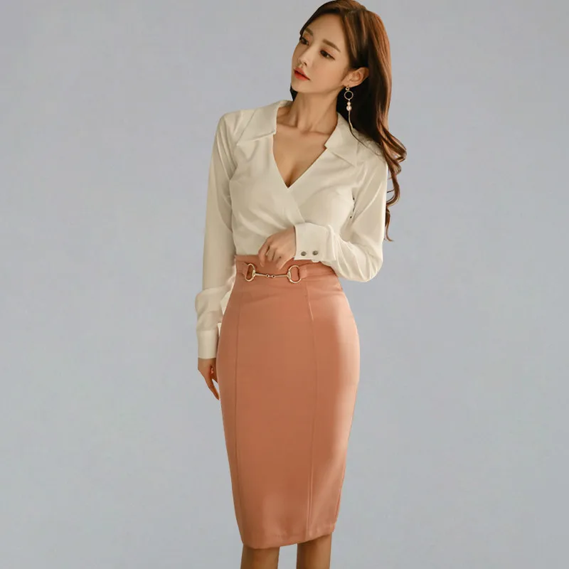 

2019 Spring OL 2 Pieces Suits Women Solid White Shirt Top + High Waist Sheath Bodycon Pencil Skirt New Work Wear Set