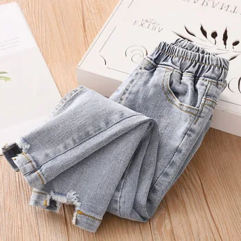 

2020 Casual Spring Autumn 2 3 4 6 8 9 10 Years Children Pocket Elastic Cotton Hole Light Denim Blue Jeans For Kids Baby Girls