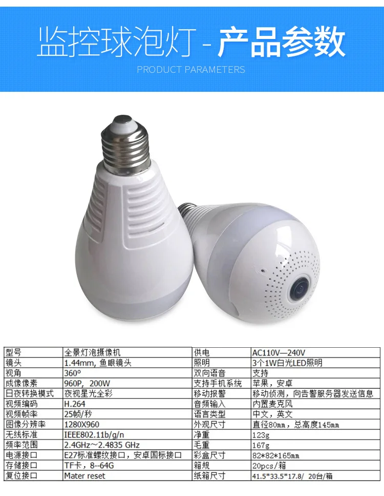 High-definition Panoramic Camera LED Voice Bulb Feature Smart Surveillance Bulb Wireless WiFi Monitor Globe