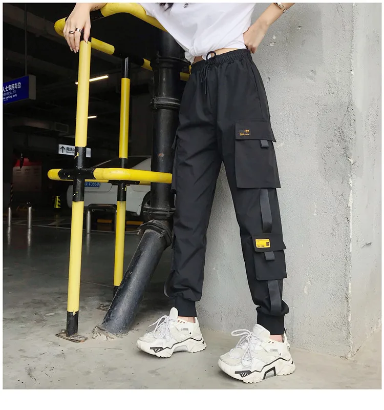 Корейские женские штаны-шаровары в стиле хип-хоп, летние тонкие черные штаны с высокой талией, свободные спортивные штаны, Pantalones De Mujer Pantalon - Цвет: black