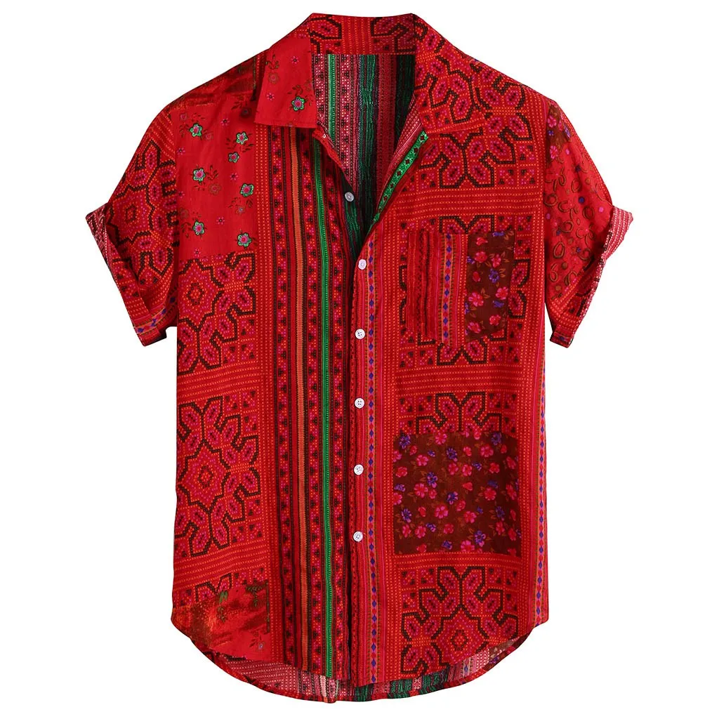 Гавайская Мужская рубашка camisa винтажная Этническая рубашка с коротким рукавом с принтом Повседневная Свободная блузка с воротником Топы мужские рубашки