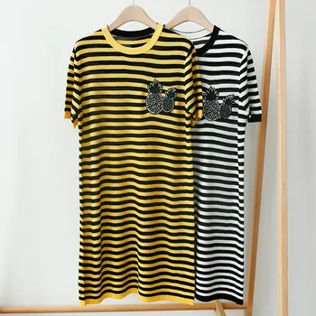 

Brand Fashion Women High-end Luxury Summer Beaded Pineapple Pattern Stripes Contrast Color Loose Straight Knitted Dress