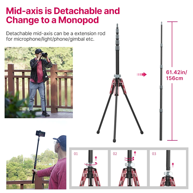 Ulanzi MT-49 Lightweight Carbon Fiber Tripod With Detachable Monopod Max 194cm Extend Tripod Stand for DSLR Camera Video Lights