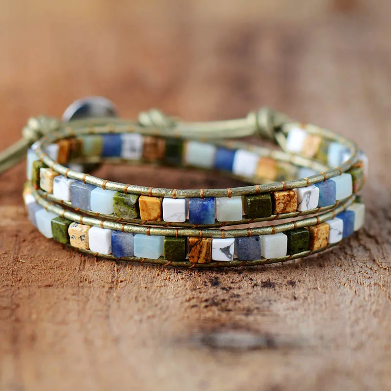 Leather Bracelets Mix Square Natural Stones 2 Strands Leather Wrap Bracelets Vintage Weaving Boho Bracelet Dropshipping