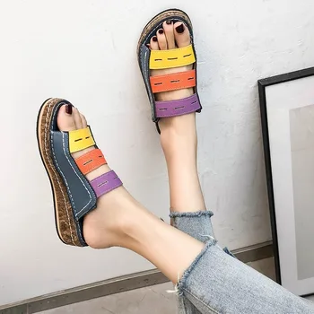 

2020 New Stylr Womens Mixed Candy Color Wedge Platform SewingSlippers Rome Style Beach Outside Shoes Plus Size