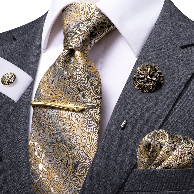Gift Men Tie Gold Black Striped Paisley Silk Wedding Tie For Men Dibangu  Design Hanky Cufflink Quality Men Tie Set Dropshipping - Ties - AliExpress