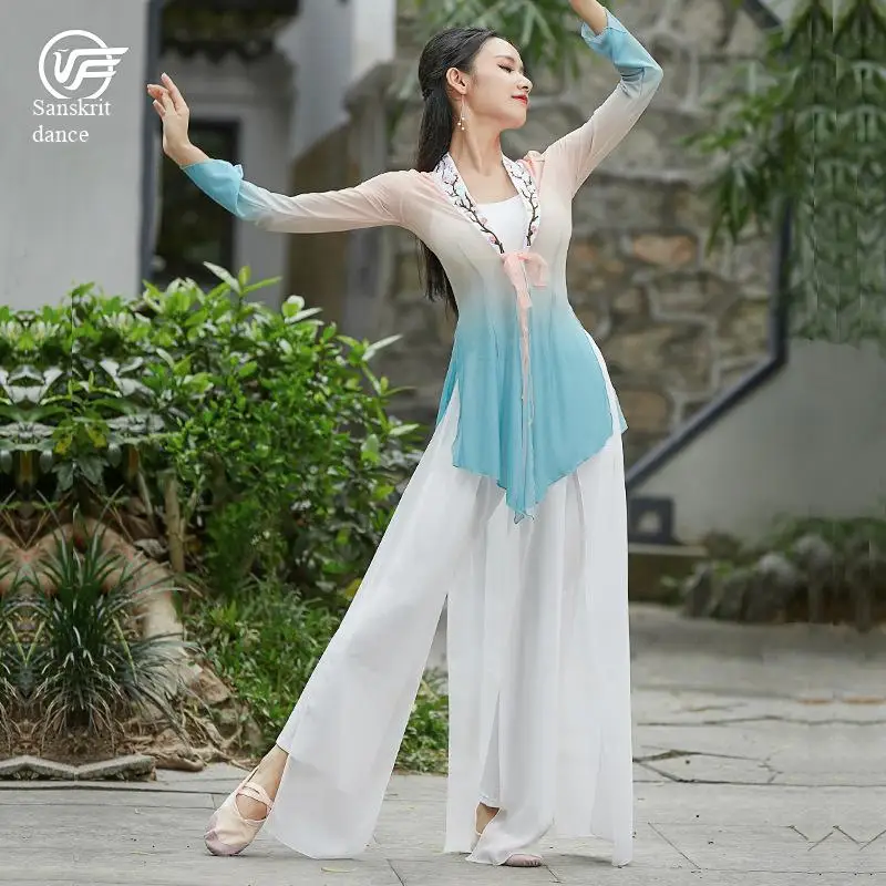 Chinese Folk dance practice clothes female elegant trumpet sleeve embroidery gradient body rhyme 2pcs | Тематическая одежда и