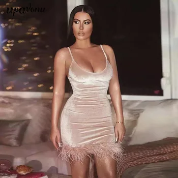 

2020 New Women's Velvet Dress Sexy Spaghetti Square Collar Sleeveless Feather Bodycon Mini Dress Celebrity Club Party Vestidos