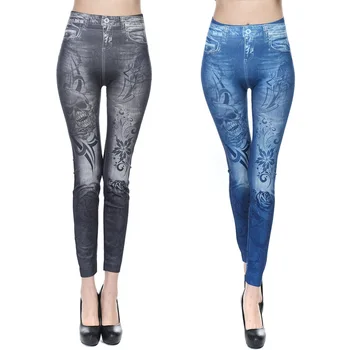 

Seamless Skull Printed Denim Pencil Pants All-match Fashion Spring and Autumn New Slim-Fit Artificial Jeans Leggings