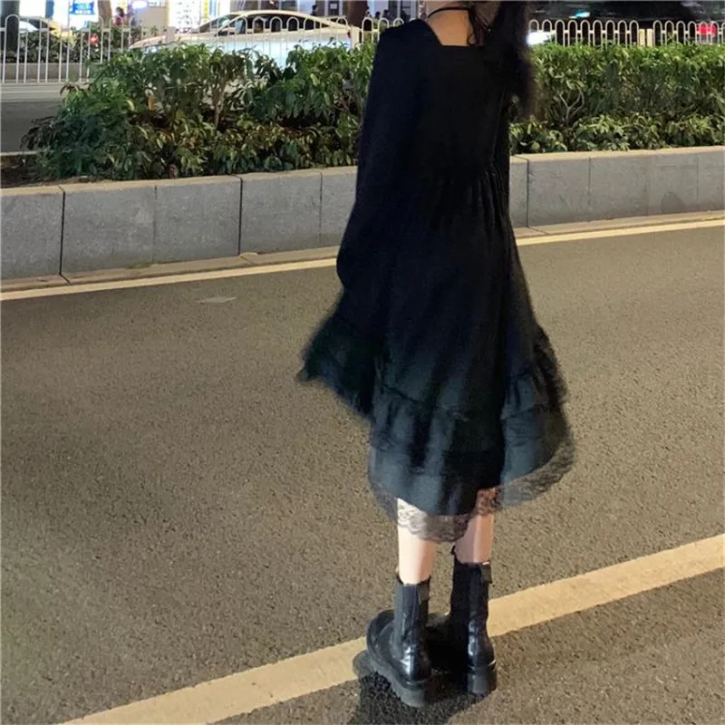 New Gothic Women Black Fairy Party Dress Cross Square Collar Lolita Princess Irregular Dress Cute Kawaii Lace Ruffles Chic Dress