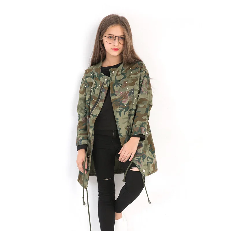 

2019 Autumn Winte New Big Children's Girls Fashion Jacket Long Camouflage Rivet European and American Style Girls Windbreaker