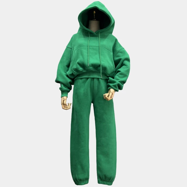 Hoodies Suit Winter Spring Solid Casual Tracksuit Women Fleece 2 Pieces Set Sports Sweatshirts Pullover Home Sweatpants Outfits Green
