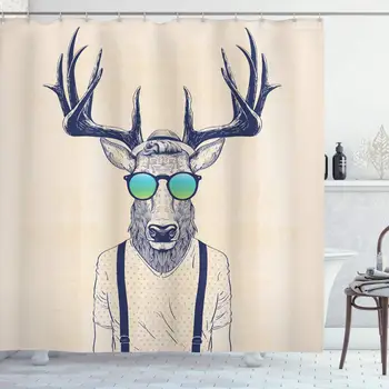 

Antlers Shower Curtain Illustration of Deer Dressed up Like Cool Hipster Fashion Creative Fun Animal Bathroom Decor Set