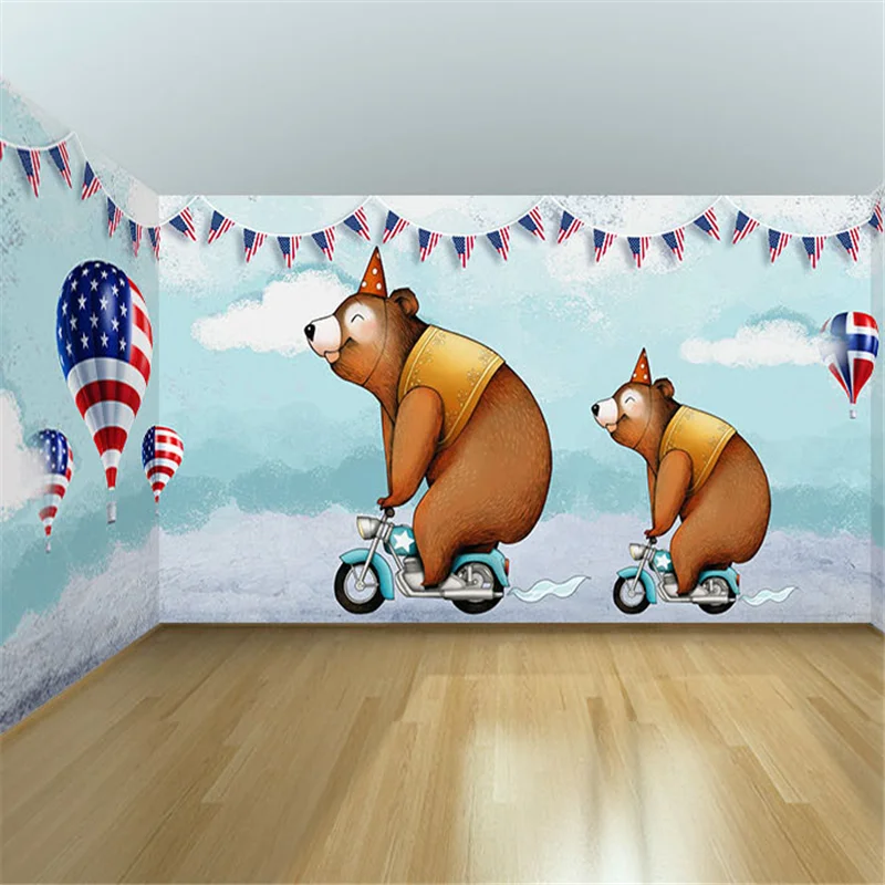 

beibehang Customized large mural Nordic American hand-painted cartoon bear hot air balloon elegant children's room wallpaper