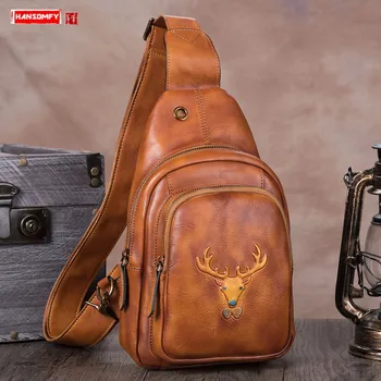 

Retro Leather Men Chest Bag Men's Shoulder Messenger Bag Small Bags Head Layer Cowhide Casual Handmade Soft Genuine Leather Male