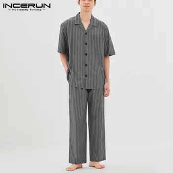 

INCERUN Mens Striped Pajamas Sets Short Sleeve Lapel Blouse Casual Pants Mens Fashion Breathable Sleepwear Sets Homewear S-5XL