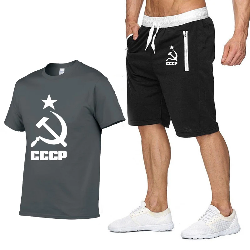 Летние модные футболки для мужчин CCCP, русские, советское соединение, мужские, с коротким рукавом, в Москву, Россию, повседневные футболки мужские, хлопок+ шорты, костюм