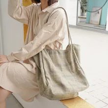 Women Woolen Canvas Bags Plaid Shopping Bag Vintage Female Large Capacity Tote Handbag Ladies Shopper Casual Shoulder Bag