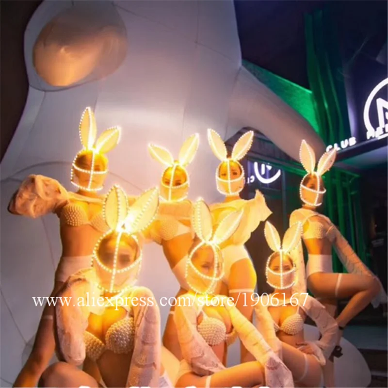 Nightclub bar female singer guest dance team LED lace rabbit pearl suit costume06