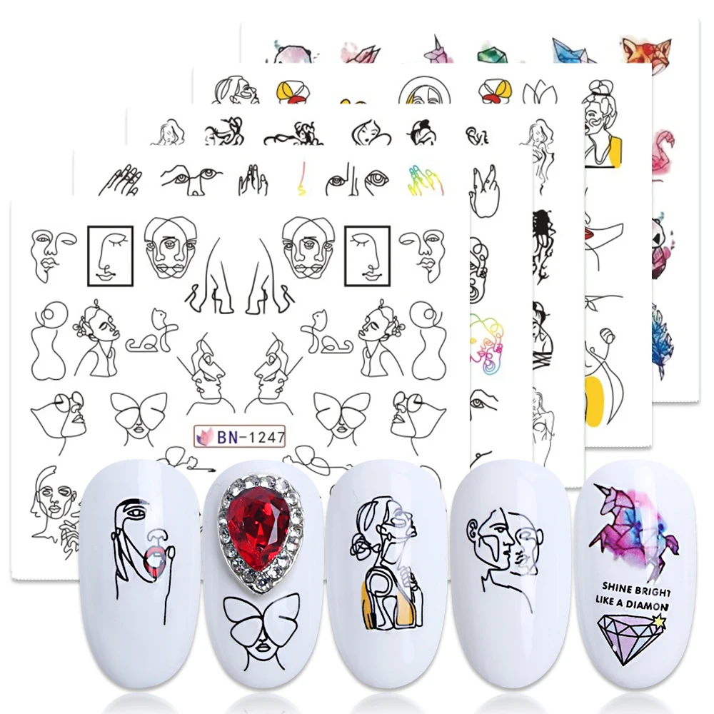 1 шт., черные абстрактные фигурки, водяные наклейки для ногтей, слайдер с буквенным принтом, наклейка для девушек, декор для ногтей, лак для ногтей, аксессуары для салона, декор для ногтей