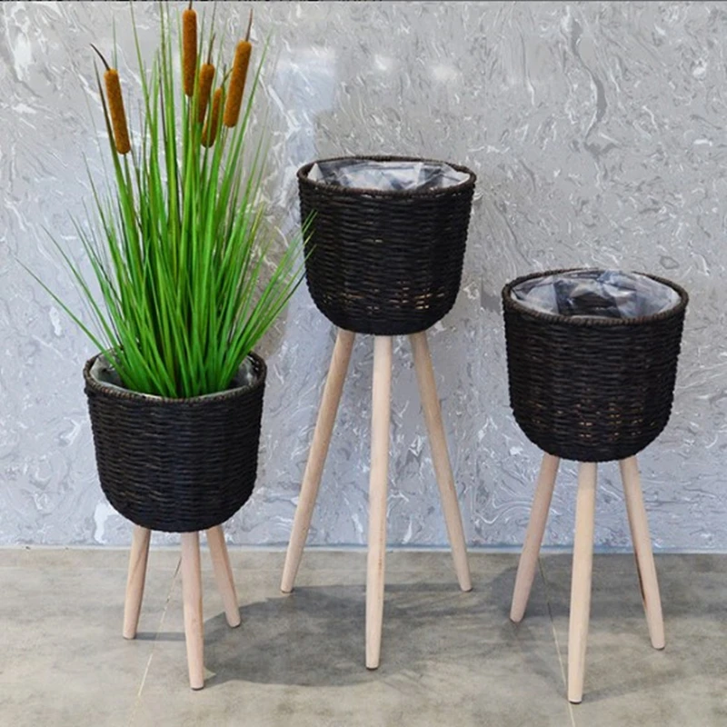 

Wooden Floor Stand High and Low Flower Pot Rack Flower Pot Frame Straw Flower Basket Floor Decoration Living Room Balcony Simple