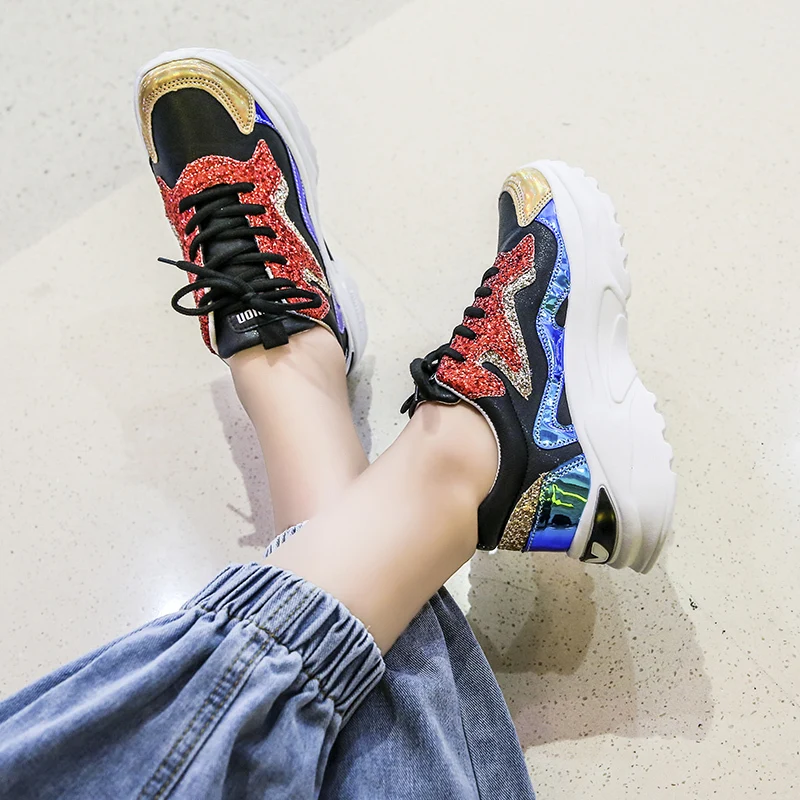 

Spring New Ladies Fashion Color Sequin Breathable Casual Sneakers Women's ShoesLace-up Outdoor Thick-soled Walking Shoes U17-60