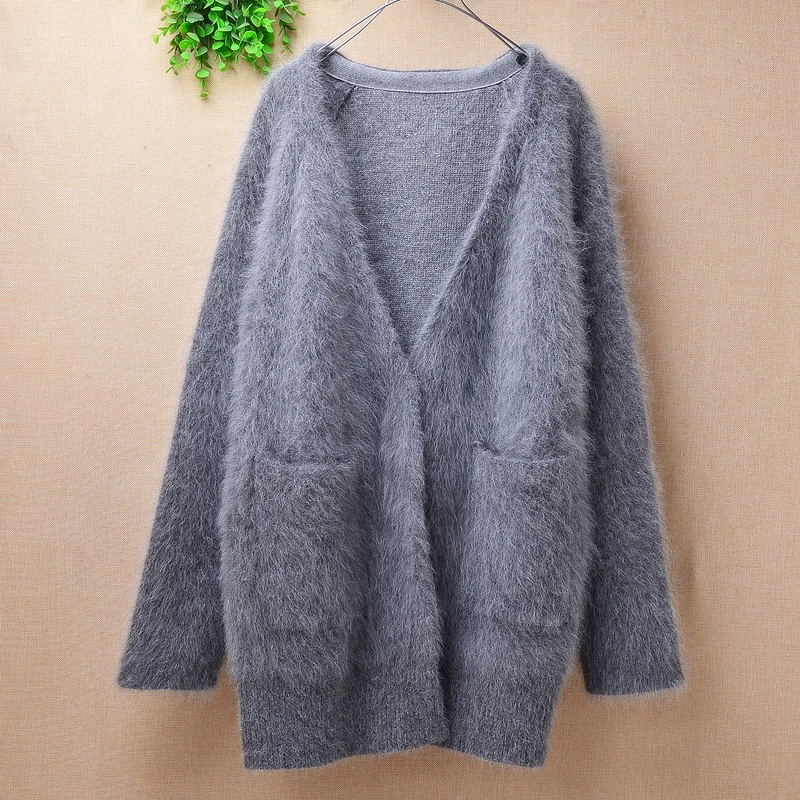 

ladies women fashion deep v-neck hairy mink cashmere knitwear inside long sleeves loose cardigans angora fur jacket coat sweater