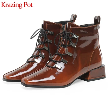 

Krazing pot streetwear genuine leather square toe plus size metal decoration med heels ankle boots keep warm Chelsea boots L8f1