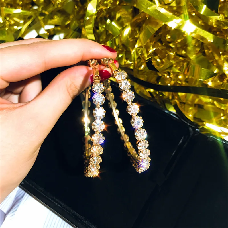 

FYUAN Fashion Jewelry Round Hoop Earrings Shiny Oversize Gold Crystal Earrings for Women Statement Earrings Party Gifts